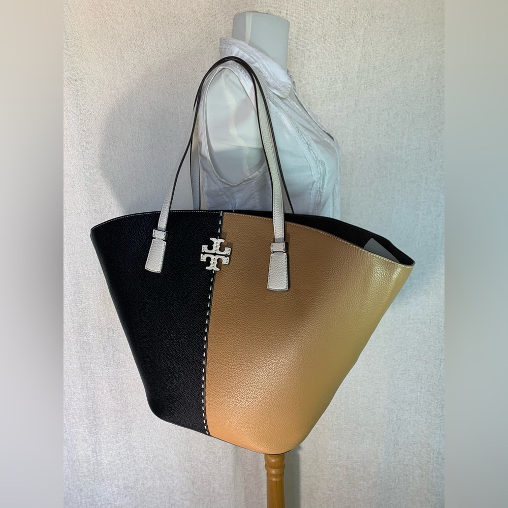 NEW Tory Burch McGraw Tiramisu Tan/Black Color Block Large Leather Tote Bag - Picture 8 of 14